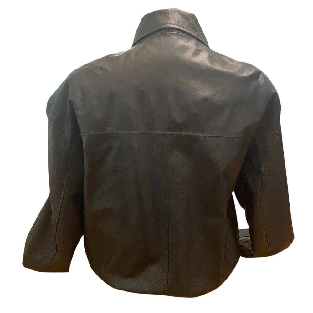 Cougar Leather Black Bomber Jacket Men’s L Zip Front Snap Pockets Elastic Hem - Picture 2 of 11